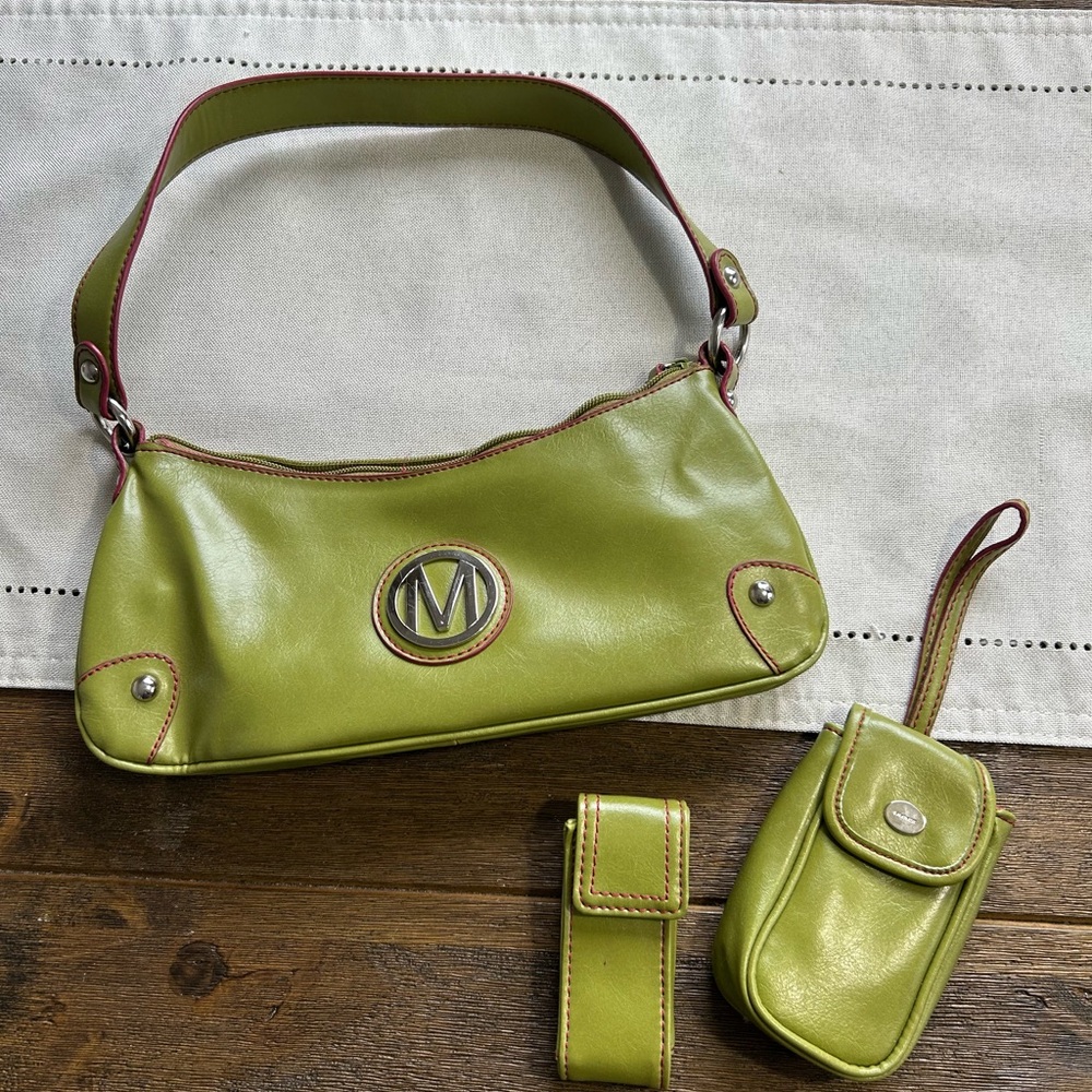 Nine West Green Pink Vegan Leather Satchel Handbag Purse